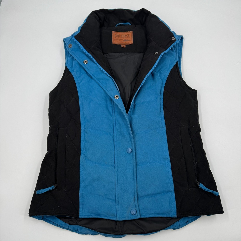 Outback Trading Co Down Vest Womens‎ Medium Blue Black Quilted Green MT 2660